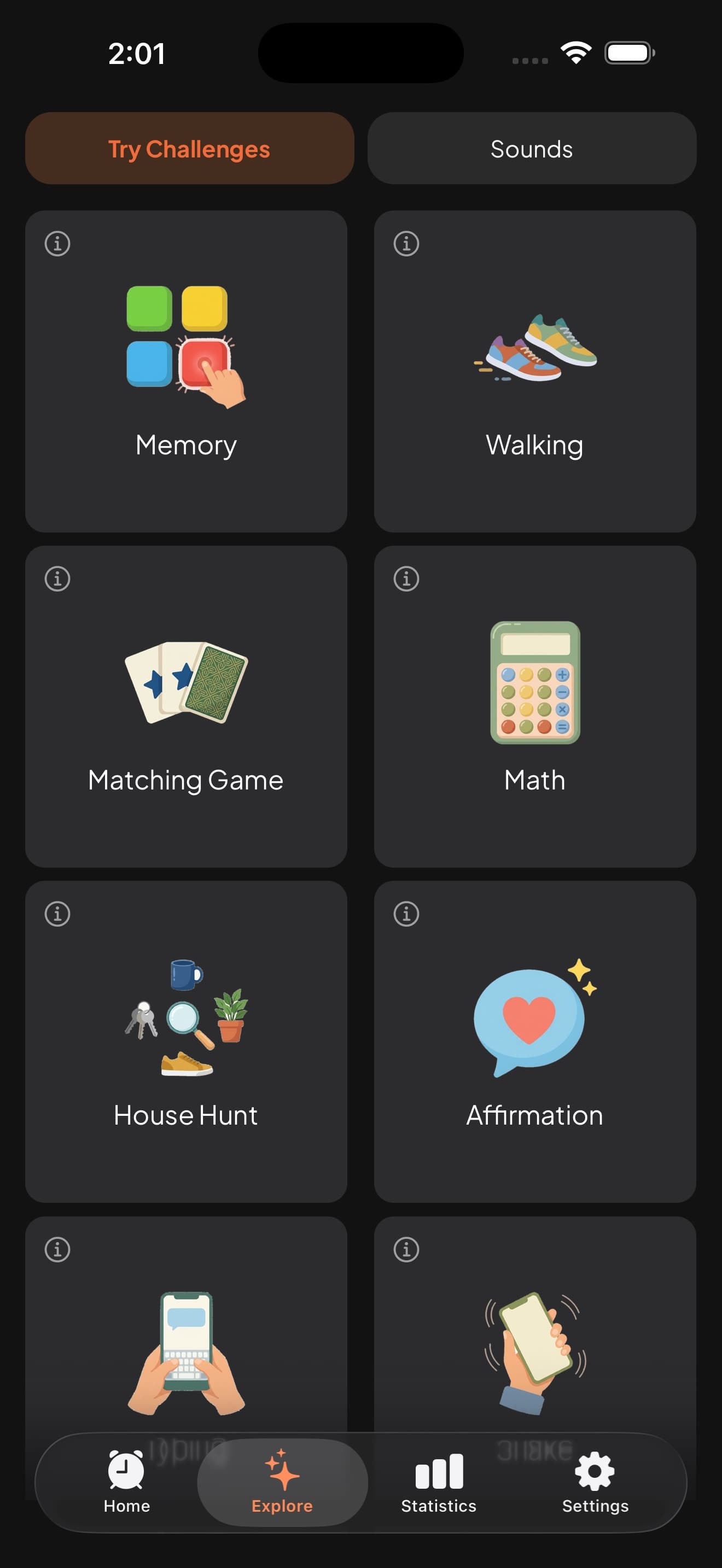 Unsnooze's challenge list: Memory, Walking, Matching Game, Math, House Hunt and Affirmation